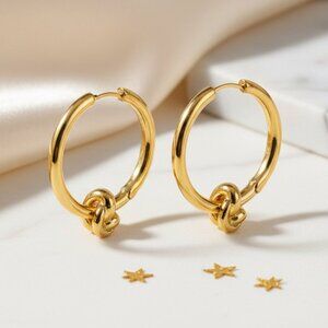 Chic Knot Accent 18K Gold Hoop Earrings - Trendy Stainless Steel Minimalist